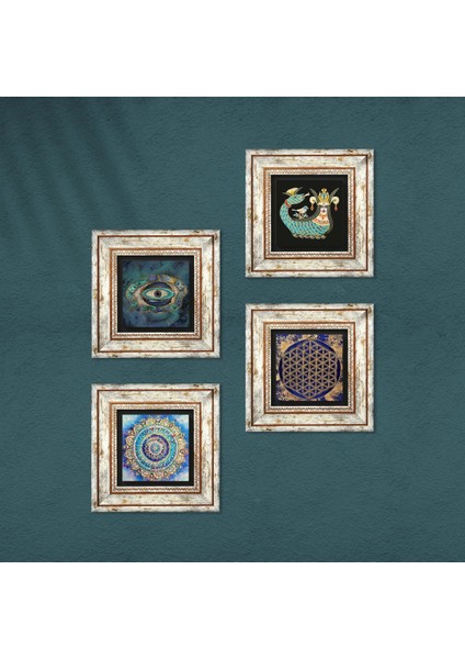 Mandala, Nazar, Yaşam Çiçeği, Şahmeran Çerçeveli Taş Duvar Tablosu 4’lü Set - Dekoratif Modern Sanat, Ev ve Ofis Dekoru |TK4-787| fırsatları