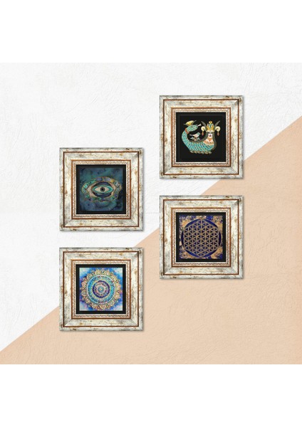 Mandala, Nazar, Yaşam Çiçeği, Şahmeran Çerçeveli Taş Duvar Tablosu 4’lü Set - Dekoratif Modern Sanat, Ev ve Ofis Dekoru |TK4-787| indirimleri
