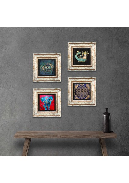 Fil, Nazar, Yaşam Çiçeği, Şahmeran Taş Duvar Tablosu Çerçeveli Duvar Dekoru 4 Parça Tablo Seti Wall Art T4-788