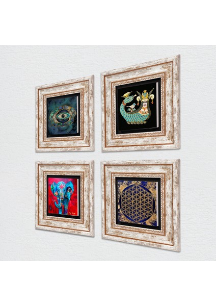 Fil, Nazar, Yaşam Çiçeği, Şahmeran Taş Duvar Tablosu Çerçeveli Duvar Dekoru 4 Parça Tablo Seti Wall Art T4-788