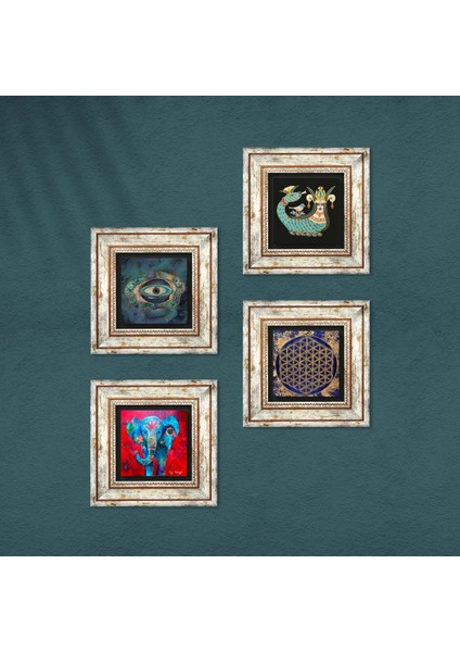 Fil, Nazar, Yaşam Çiçeği, Şahmeran Taş Duvar Tablosu Çerçeveli Duvar Dekoru 4 Parça Tablo Seti Wall Art T4-788