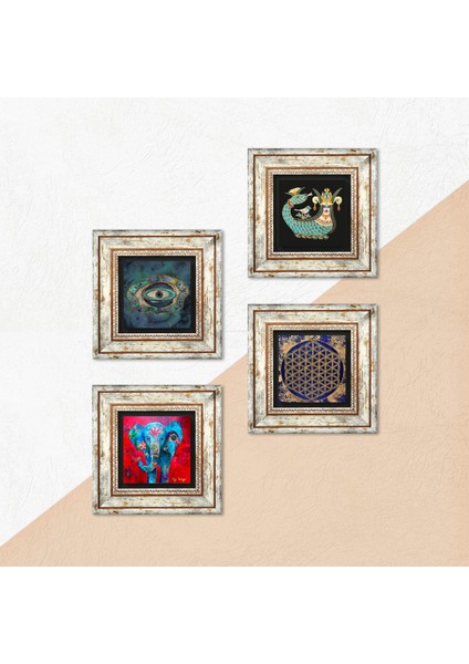 Fil, Nazar, Yaşam Çiçeği, Şahmeran Taş Duvar Tablosu Çerçeveli Duvar Dekoru 4 Parça Tablo Seti Wall Art T4-788