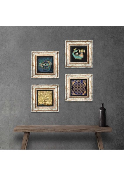 Nazar, Yaşam Çiçeği, Gustav Klimt Hayat Ağacı, Şahmeran Çerçeveli Taş Duvar Tablosu 4’lü Set - Dekoratif Modern Sanat, Ev ve Ofis Dekoru |TK4-795|
