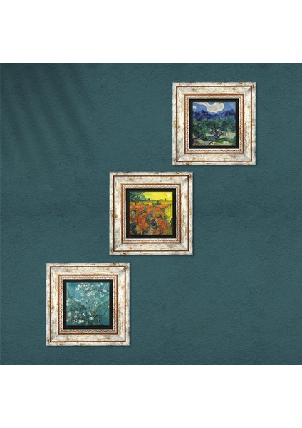 Van Gogh Zeytin Ağaçları, Kırmızı Bağ, Badem Ağacı Taş Duvar Tablosu Çerçeveli Duvar Dekoru 3 Parça Tablo Seti Wall Art T3-599