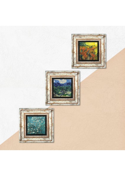 Van Gogh Zeytin Ağaçları, Kırmızı Bağ, Badem Ağacı Taş Duvar Tablosu Çerçeveli Duvar Dekoru 3 Parça Tablo Seti Wall Art T3-599