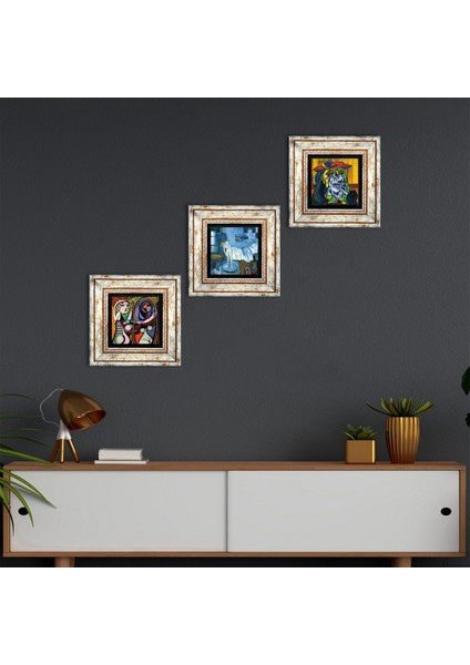 Picasso Ağlayan Kadın, Ayna Karşısındaki Kız, Mavi Oda Taş Duvar Tablosu Çerçeveli Duvar Dekoru 3 Parça Tablo Seti Wall Art T3-611