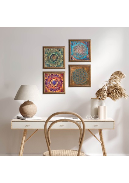 Mandala, Yaşam Çiçeği Ahşap Çerçeveli Taş Duvar Tablosu 4’lü Set – 25x25 cm Dekoratif Modern Sanat – Ev ve Ofis Dekoru |W4-712|