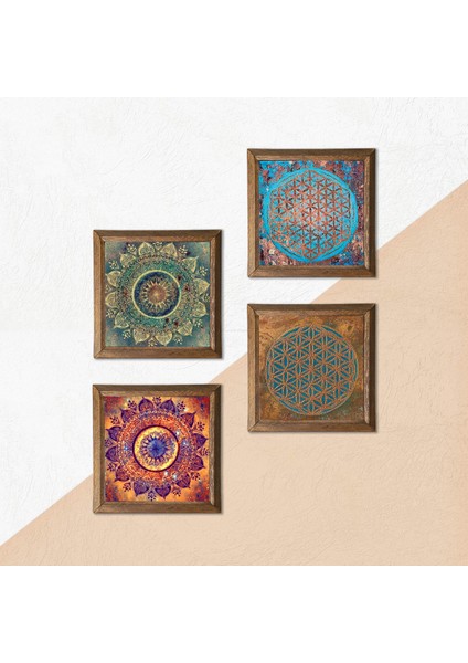 Mandala, Yaşam Çiçeği Ahşap Çerçeveli Taş Duvar Tablosu 4’lü Set – 25x25 cm Dekoratif Modern Sanat – Ev ve Ofis Dekoru |W4-712| indirimleri