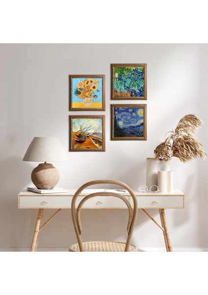 Stone Van Gogh Ahşap Çerçeveli Taş Duvar Tablosu 4’lü Set – 25x25 cm Dekoratif Modern Sanat – Ev ve Ofis Dekoru |W4-72|