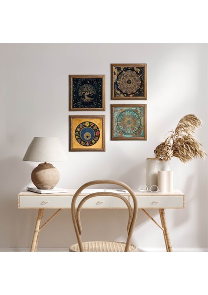 Sri Yantra, Yaşam Çiçeği, Hayat Ağacı, Nazar Taş Duvar Tablosu Ahşap Çerçeveli Duvar Dekoru 4 Parça Tablo Seti Wall Art W4-728