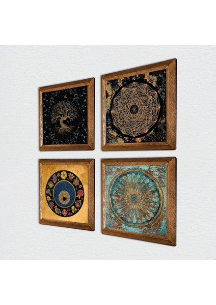 Sri Yantra, Yaşam Çiçeği, Hayat Ağacı, Nazar Taş Duvar Tablosu Ahşap Çerçeveli Duvar Dekoru 4 Parça Tablo Seti Wall Art W4-728