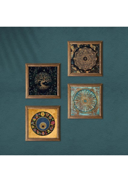 Sri Yantra, Yaşam Çiçeği, Hayat Ağacı, Nazar Taş Duvar Tablosu Ahşap Çerçeveli Duvar Dekoru 4 Parça Tablo Seti Wall Art W4-728