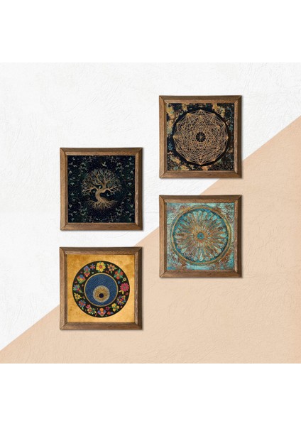 Sri Yantra, Yaşam Çiçeği, Hayat Ağacı, Nazar Taş Duvar Tablosu Ahşap Çerçeveli Duvar Dekoru 4 Parça Tablo Seti Wall Art W4-728