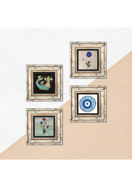 Nazar, Ebru Sanatı, Şahmeran Taş Duvar Tablosu Çerçeveli Duvar Dekoru 4 Parça Tablo Seti Wall Art T4-990