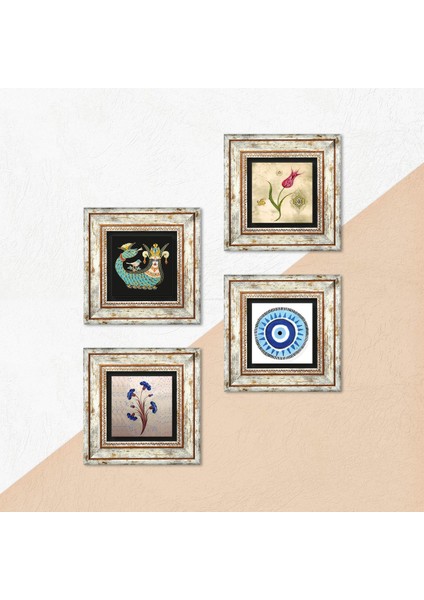 Nazar, Ebru Sanatı, Lale, Şahmeran Çerçeveli Taş Duvar Tablosu 4’lü Set - Dekoratif Modern Sanat, Ev ve Ofis Dekoru |TK4-993| indirimleri