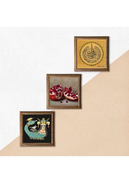 Nas Suresi, Şahmeran, Nar Ahşap Çerçeveli Taş Duvar Tablosu 3’lü Set – 25x25 cm Dekoratif Modern Sanat – Ev ve Ofis Dekoru |W3-1022| indirimleri