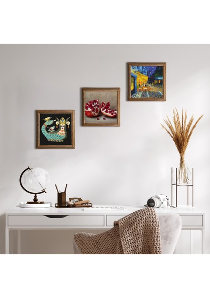 Van Gogh Kafe Terasta Gece, Şahmeran, Nar Taş Duvar Tablosu Ahşap Çerçeveli Duvar Dekoru 3 Parça Tablo Seti Wall Art W3-1028