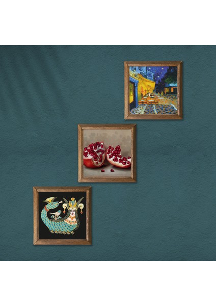 Van Gogh Kafe Terasta Gece, Şahmeran, Nar Taş Duvar Tablosu Ahşap Çerçeveli Duvar Dekoru 3 Parça Tablo Seti Wall Art W3-1028