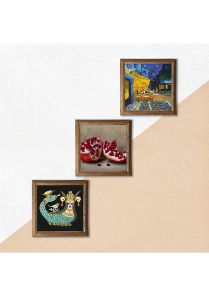 Van Gogh Kafe Terasta Gece, Şahmeran, Nar Taş Duvar Tablosu Ahşap Çerçeveli Duvar Dekoru 3 Parça Tablo Seti Wall Art W3-1028