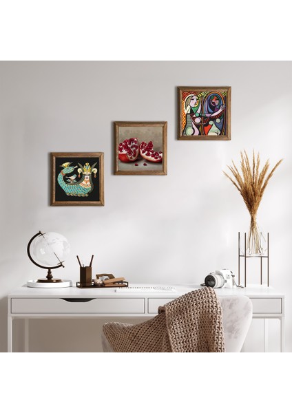 Picasso Ayna Karşısındaki Kız, Şahmeran, Nar Taş Duvar Tablosu Ahşap Çerçeveli Duvar Dekoru 3 Parça Tablo Seti Wall Art W3-1032