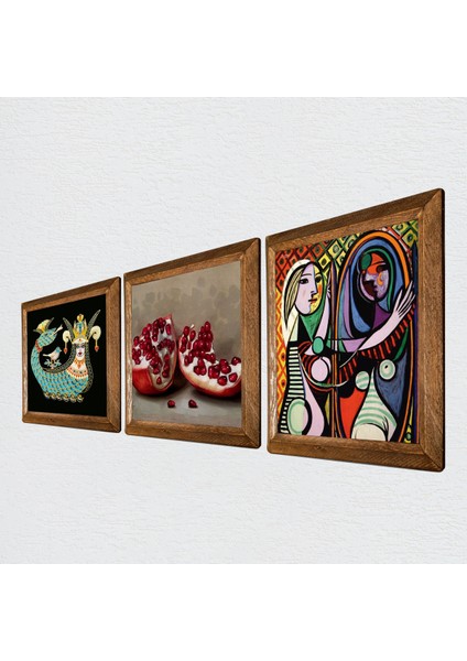 Picasso Ayna Karşısındaki Kız, Şahmeran, Nar Taş Duvar Tablosu Ahşap Çerçeveli Duvar Dekoru 3 Parça Tablo Seti Wall Art W3-1032
