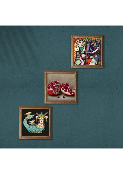 Picasso Ayna Karşısındaki Kız, Şahmeran, Nar Taş Duvar Tablosu Ahşap Çerçeveli Duvar Dekoru 3 Parça Tablo Seti Wall Art W3-1032