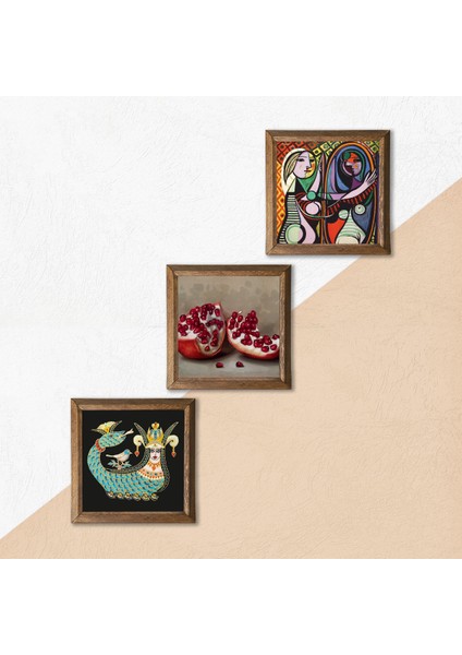 Picasso Ayna Karşısındaki Kız, Şahmeran, Nar Taş Duvar Tablosu Ahşap Çerçeveli Duvar Dekoru 3 Parça Tablo Seti Wall Art W3-1032