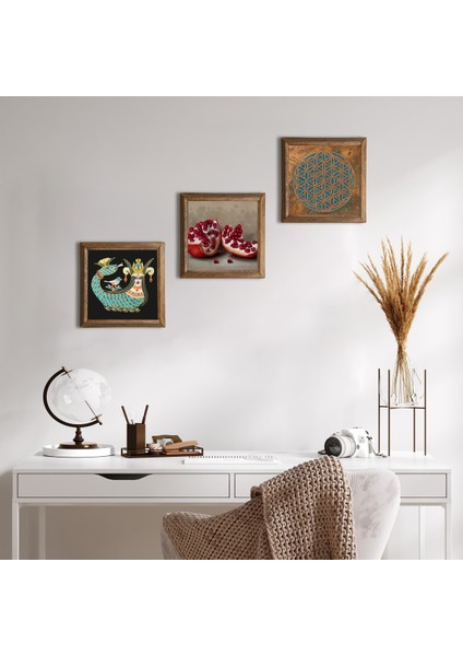 Yaşam Çiçeği, Şahmeran, Nar Ahşap Çerçeveli Taş Duvar Tablosu 3’lü Set – 25x25 cm Dekoratif Modern Sanat – Ev ve Ofis Dekoru |W3-1038|