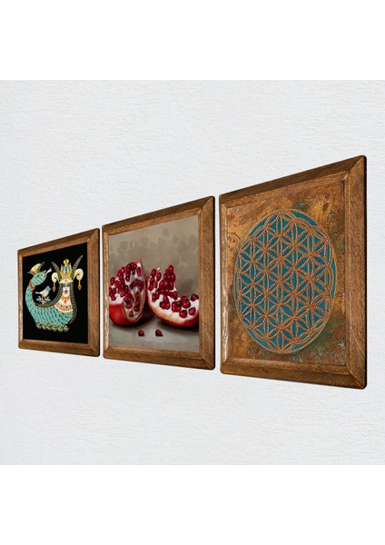 Yaşam Çiçeği, Şahmeran, Nar Ahşap Çerçeveli Taş Duvar Tablosu 3’lü Set – 25x25 cm Dekoratif Modern Sanat – Ev ve Ofis Dekoru |W3-1038| fiyatları