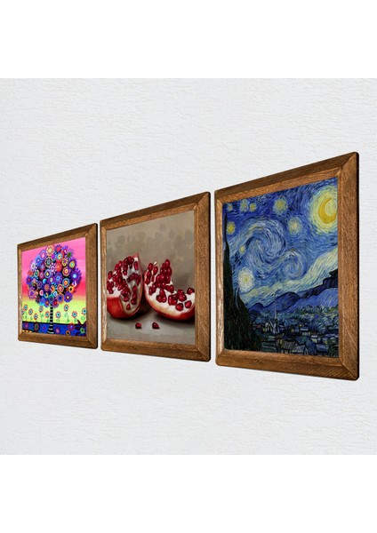 Van Gogh Yıldızlı Gece, Karla Gerard Hayat Ağacı, Nar Taş Duvar Tablosu Ahşap Çerçeveli Duvar Dekoru 3 Parça Tablo Seti Wall Art W3-1044