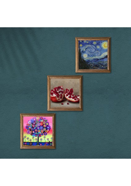 Van Gogh Yıldızlı Gece, Karla Gerard Hayat Ağacı, Nar Taş Duvar Tablosu Ahşap Çerçeveli Duvar Dekoru 3 Parça Tablo Seti Wall Art W3-1044