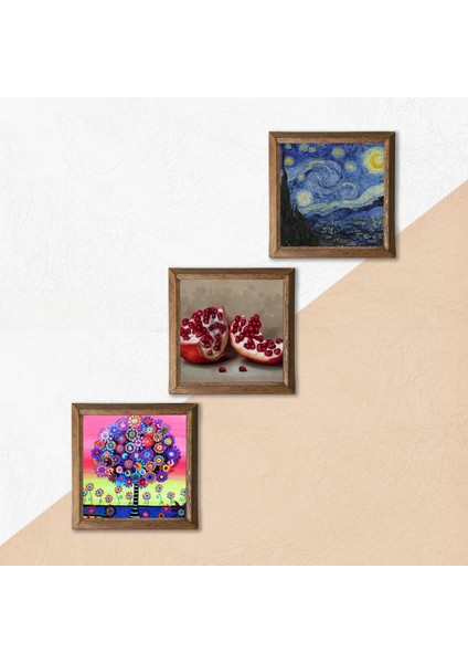 Van Gogh Yıldızlı Gece, Karla Gerard Hayat Ağacı, Nar Taş Duvar Tablosu Ahşap Çerçeveli Duvar Dekoru 3 Parça Tablo Seti Wall Art W3-1044