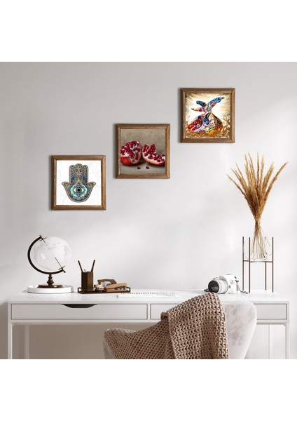 Semazen, Nar, Fatma Ana Eli (Hamsa) Taş Duvar Tablosu Ahşap Çerçeveli Duvar Dekoru 3 Parça Tablo Seti Wall Art W3-105