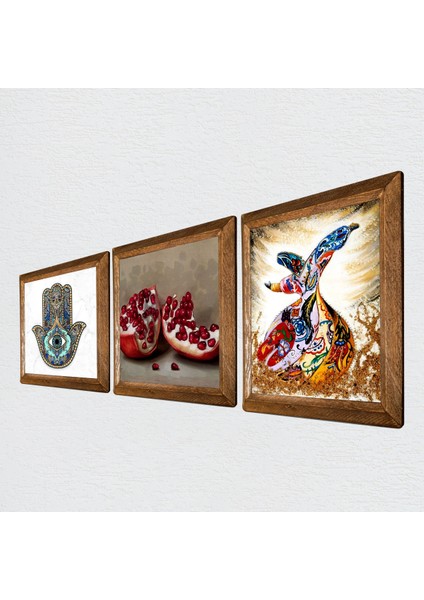 Semazen, Nar, Fatma Ana Eli (Hamsa) Taş Duvar Tablosu Ahşap Çerçeveli Duvar Dekoru 3 Parça Tablo Seti Wall Art W3-105