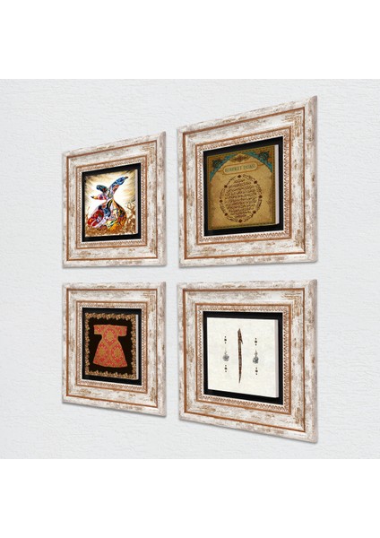 Hırka-i Şerif, Elif, Bereket Duası, Semazen Taş Duvar Tablosu Çerçeveli Duvar Dekoru 4 Parça Tablo Seti Wall Art T4-984