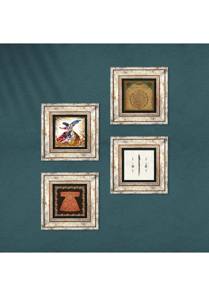 Hırka-i Şerif, Elif, Bereket Duası, Semazen Taş Duvar Tablosu Çerçeveli Duvar Dekoru 4 Parça Tablo Seti Wall Art T4-984
