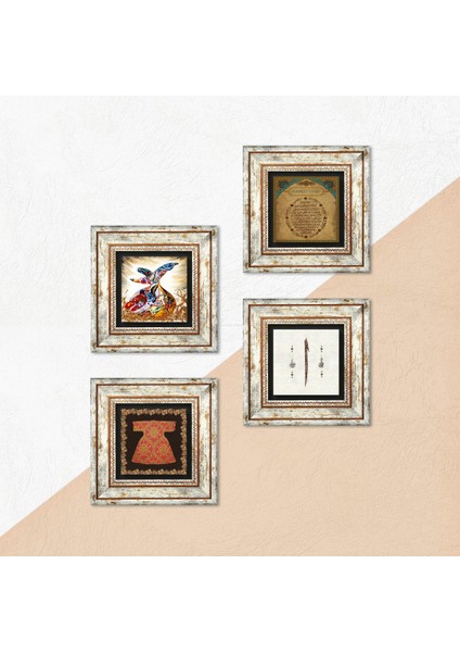Hırka-i Şerif, Elif, Bereket Duası, Semazen Taş Duvar Tablosu Çerçeveli Duvar Dekoru 4 Parça Tablo Seti Wall Art T4-984