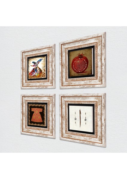 Hırka-i Şerif, Elif, Bereket Duası, Semazen Taş Duvar Tablosu Çerçeveli Duvar Dekoru 4 Parça Tablo Seti Wall Art T4-989