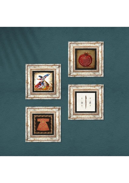Hırka-i Şerif, Elif, Bereket Duası, Semazen Taş Duvar Tablosu Çerçeveli Duvar Dekoru 4 Parça Tablo Seti Wall Art T4-989