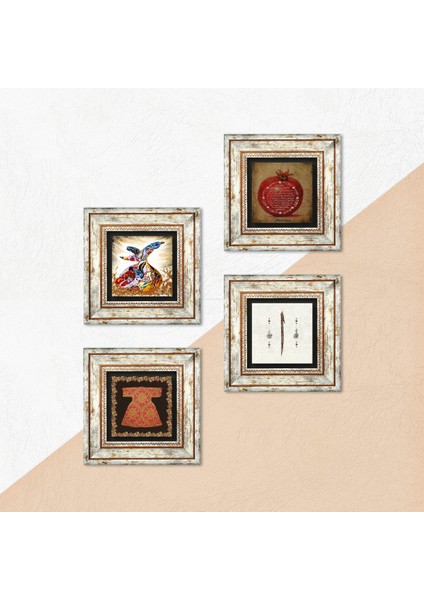 Hırka-i Şerif, Elif, Bereket Duası, Semazen Taş Duvar Tablosu Çerçeveli Duvar Dekoru 4 Parça Tablo Seti Wall Art T4-989