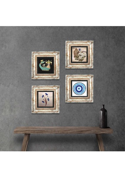Nazar, Ebru Sanatı, Kelebekli Çiçek, Şahmeran Çerçeveli Taş Duvar Tablosu 4’lü Set - Dekoratif Modern Sanat, Ev ve Ofis Dekoru |TK4-996|