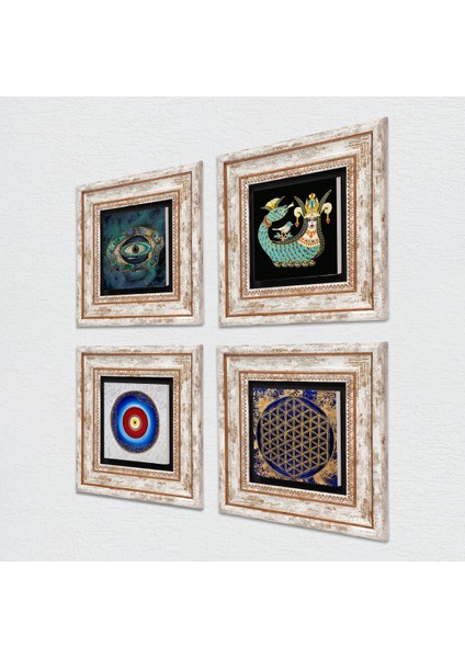Nazar, Yaşam Çiçeği, Şahmeran Çerçeveli Taş Duvar Tablosu 4’lü Set - Dekoratif Modern Sanat, Ev ve Ofis Dekoru |TK4-784| fiyatları