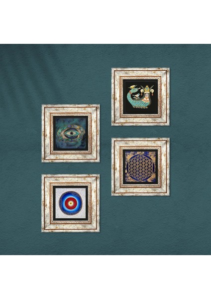 Nazar, Yaşam Çiçeği, Şahmeran Çerçeveli Taş Duvar Tablosu 4’lü Set - Dekoratif Modern Sanat, Ev ve Ofis Dekoru |TK4-784| fırsatları