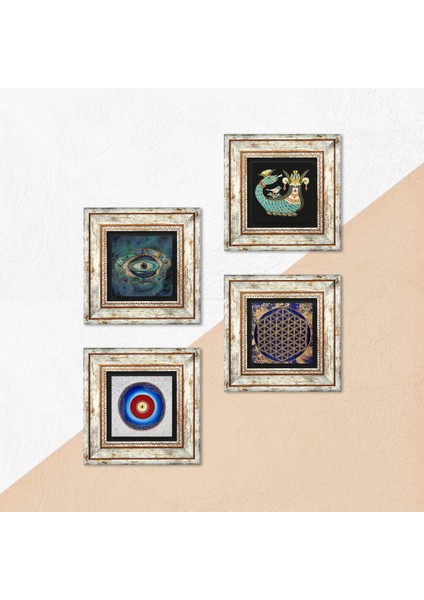 Nazar, Yaşam Çiçeği, Şahmeran Çerçeveli Taş Duvar Tablosu 4’lü Set - Dekoratif Modern Sanat, Ev ve Ofis Dekoru |TK4-784| indirimleri