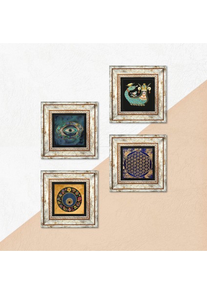 Yaşam Çiçeği, Nazar, Şahmeran Çerçeveli Taş Duvar Tablosu 4’lü Set - Dekoratif Modern Sanat, Ev ve Ofis Dekoru |TK4-790| indirimleri