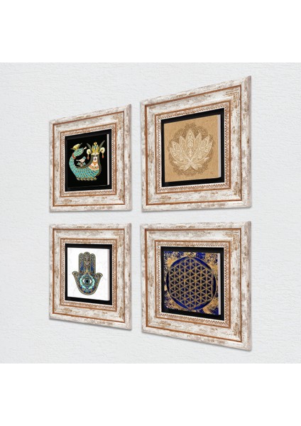 Lotus Çiçeği, Yaşam Çiçeği, Şahmeran, Fatma Ana Eli (Hamsa) Çerçeveli Taş Duvar Tablosu 4’lü Set - Dekoratif Modern Sanat, Ev ve Ofis Dekoru |TK4-800| fiyatları