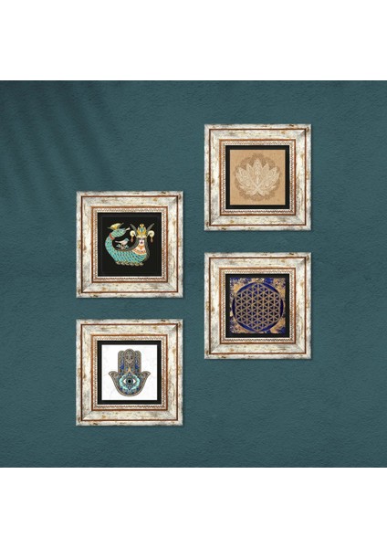 Lotus Çiçeği, Yaşam Çiçeği, Şahmeran, Fatma Ana Eli (Hamsa) Çerçeveli Taş Duvar Tablosu 4’lü Set - Dekoratif Modern Sanat, Ev ve Ofis Dekoru |TK4-800| fırsatları
