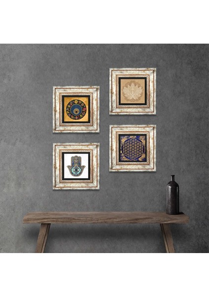 Lotus Çiçeği, Yaşam Çiçeği, Nazar, Fatma Ana Eli (Hamsa) Taş Duvar Tablosu Çerçeveli Duvar Dekoru 4 Parça Tablo Seti Wall Art T4-802