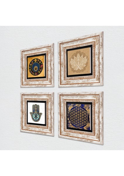 Lotus Çiçeği, Yaşam Çiçeği, Nazar, Fatma Ana Eli (Hamsa) Taş Duvar Tablosu Çerçeveli Duvar Dekoru 4 Parça Tablo Seti Wall Art T4-802 fiyatları