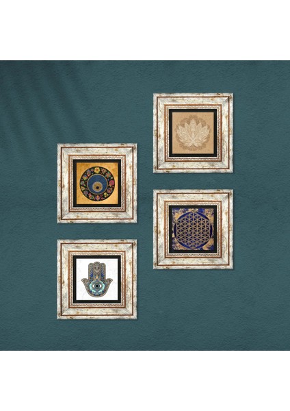 Lotus Çiçeği, Yaşam Çiçeği, Nazar, Fatma Ana Eli (Hamsa) Taş Duvar Tablosu Çerçeveli Duvar Dekoru 4 Parça Tablo Seti Wall Art T4-802 fırsatları